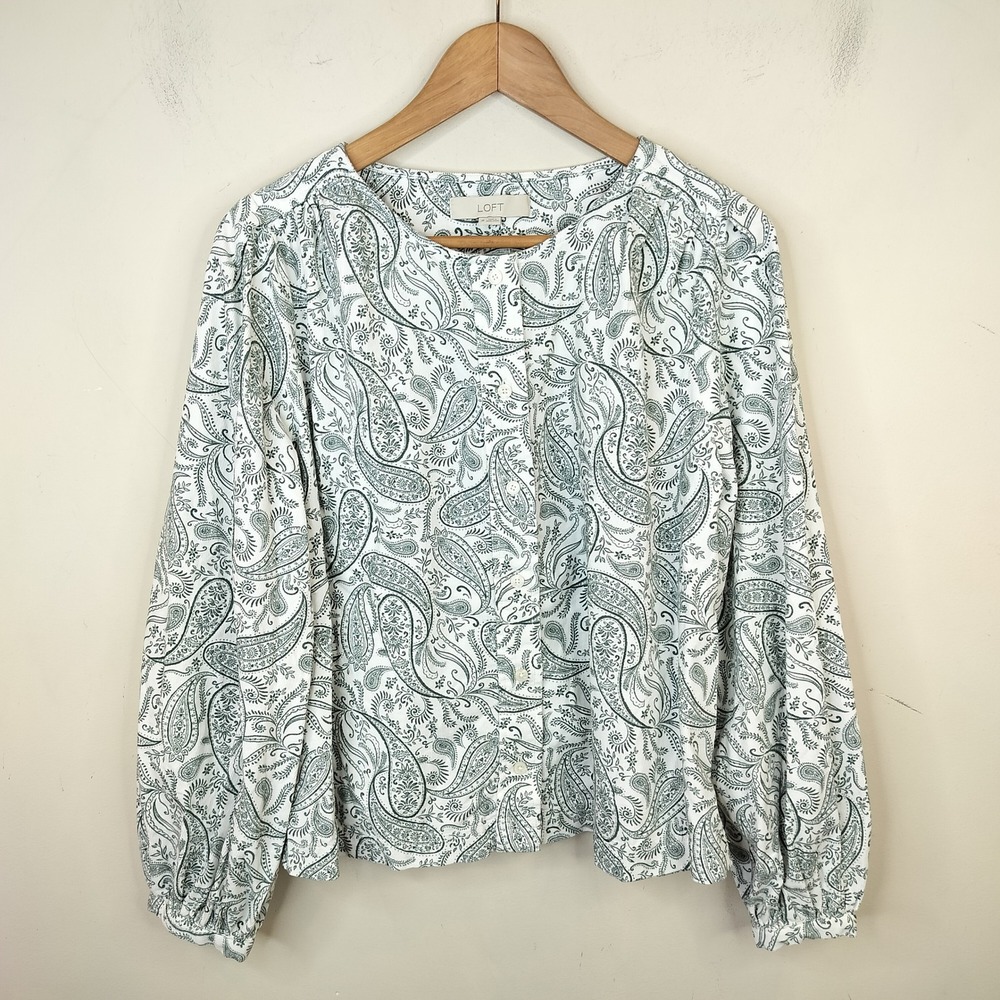 LOFT Paisley Corduroy Shirt Medium Button Up Balloon Sleeve Boho White Green